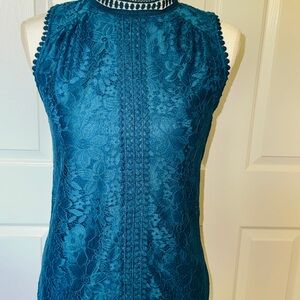 Gable & Gauge Teal Lace Blouse Small Petite | High Neck Sleeveless Elegant